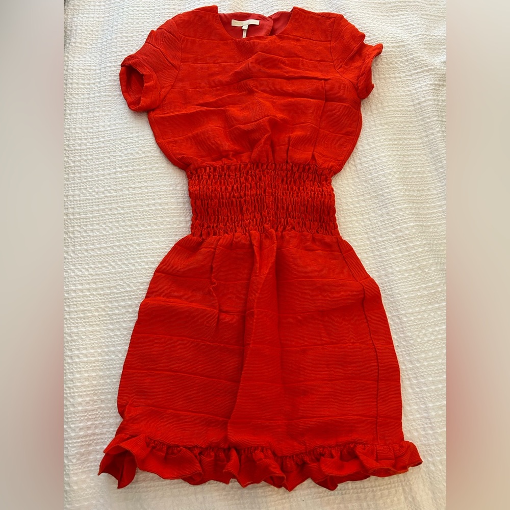 Maje Razane Red Smocked Midi Crew Neck Short Sleeve Dress Size 1 E16RAZANE ROUGE